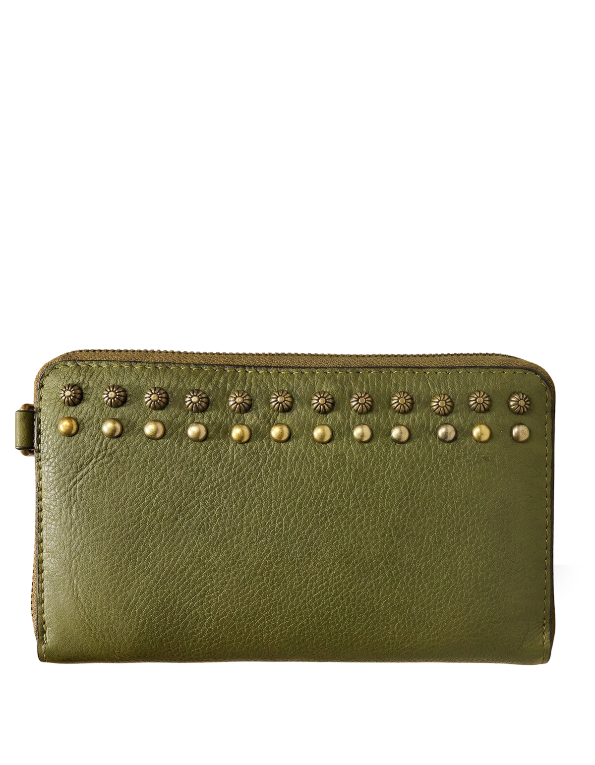 Women’s Olive Green Studded Leather Telephone Clutch Wallet