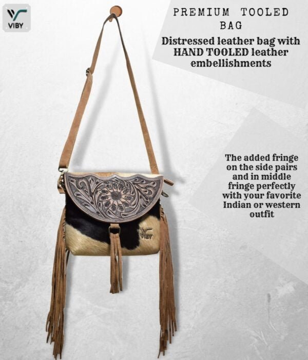 Luxurious Hand-Tooled Leather Fringe Crossbody - Front View