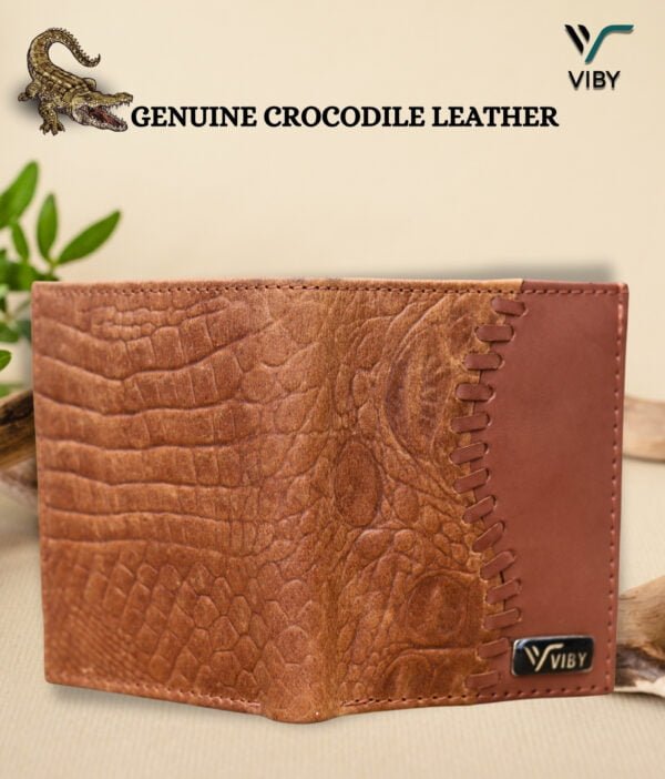 Side profile of the VIBY Crocodile Leather Wallet, showing its slim and sleek design.