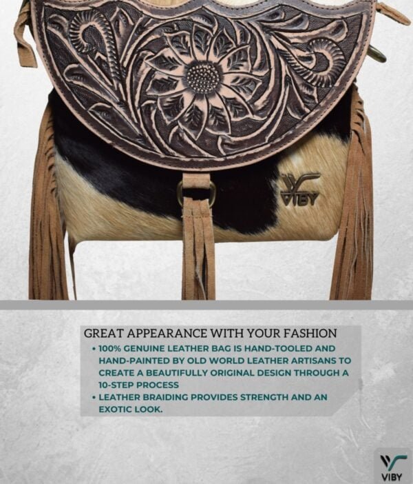 Luxurious Hand-Tooled Leather Fringe Crossbody - Top View