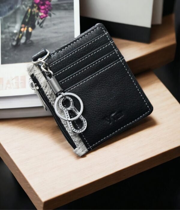 Black leather keychain card holder with multiple card slots.