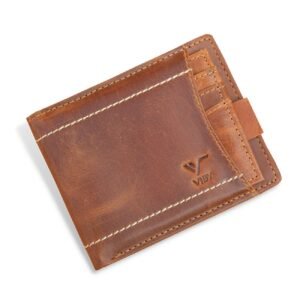 Man holding open genuine leather wallet.