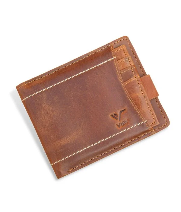 Man holding open genuine leather wallet.