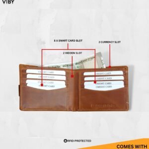 Genuine leather wallet with RFID protection.